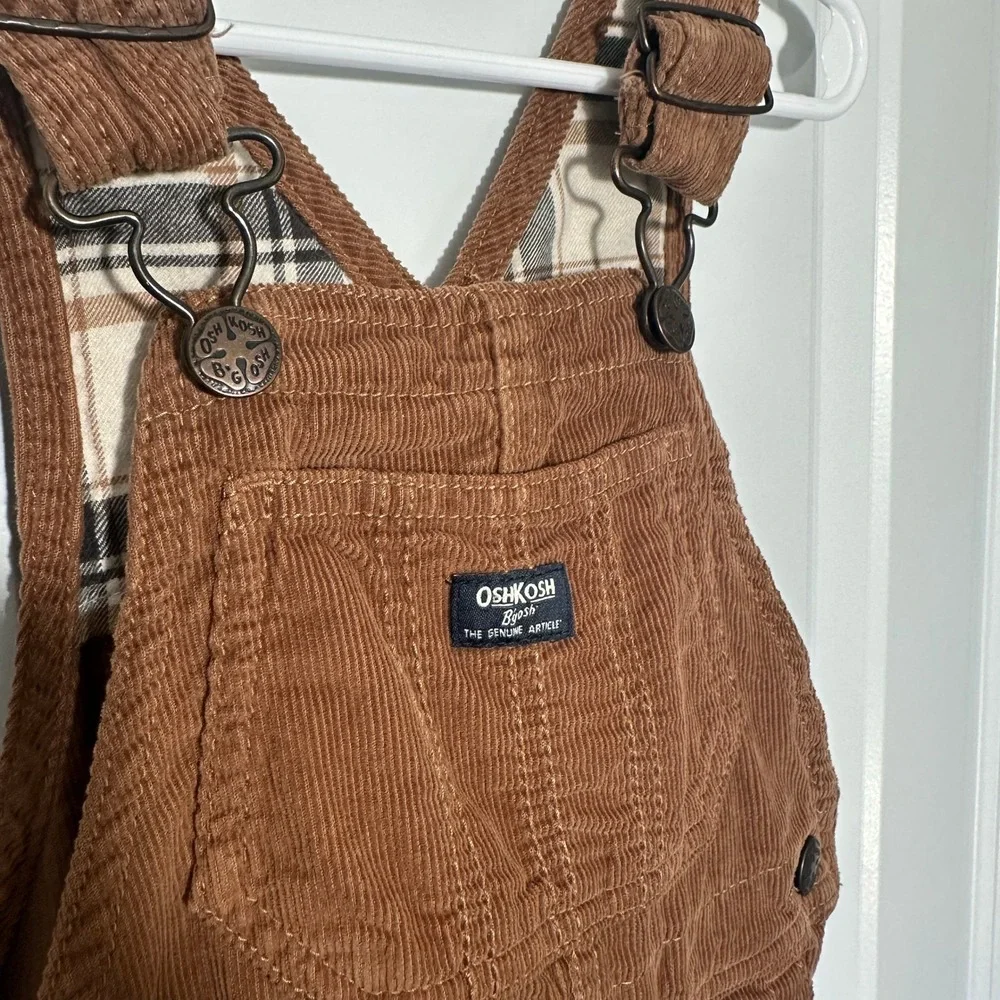 OshKosh Corduroy Overalls Kids 2T Brown Plaid Lined Bibs Cotton Vestbak Neutral